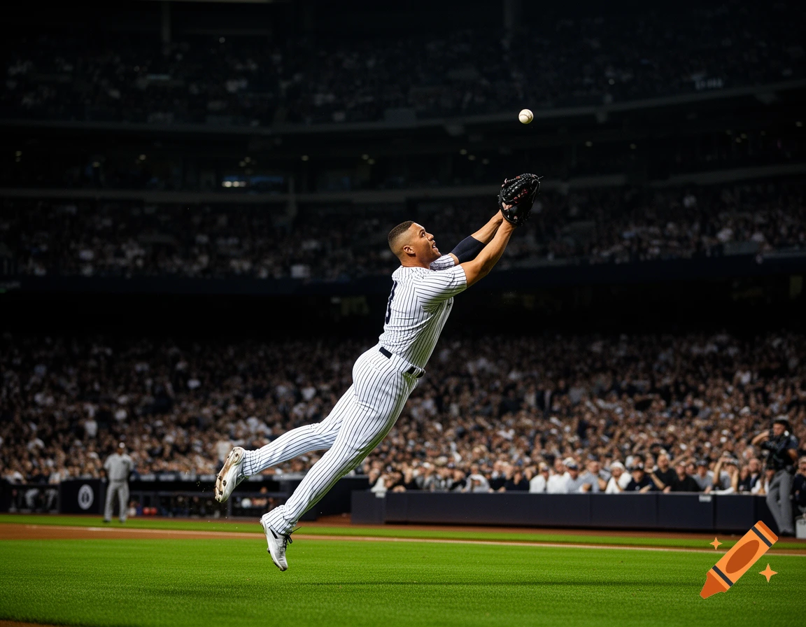 A baseball player in a pinstriped uniform dives horizontally to catch a flyball in a stadium.