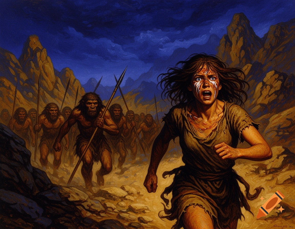 Oil painting of a terrified woman fleeing from spear-wielding Neanderthals in a dark, rocky prehistoric landscape.