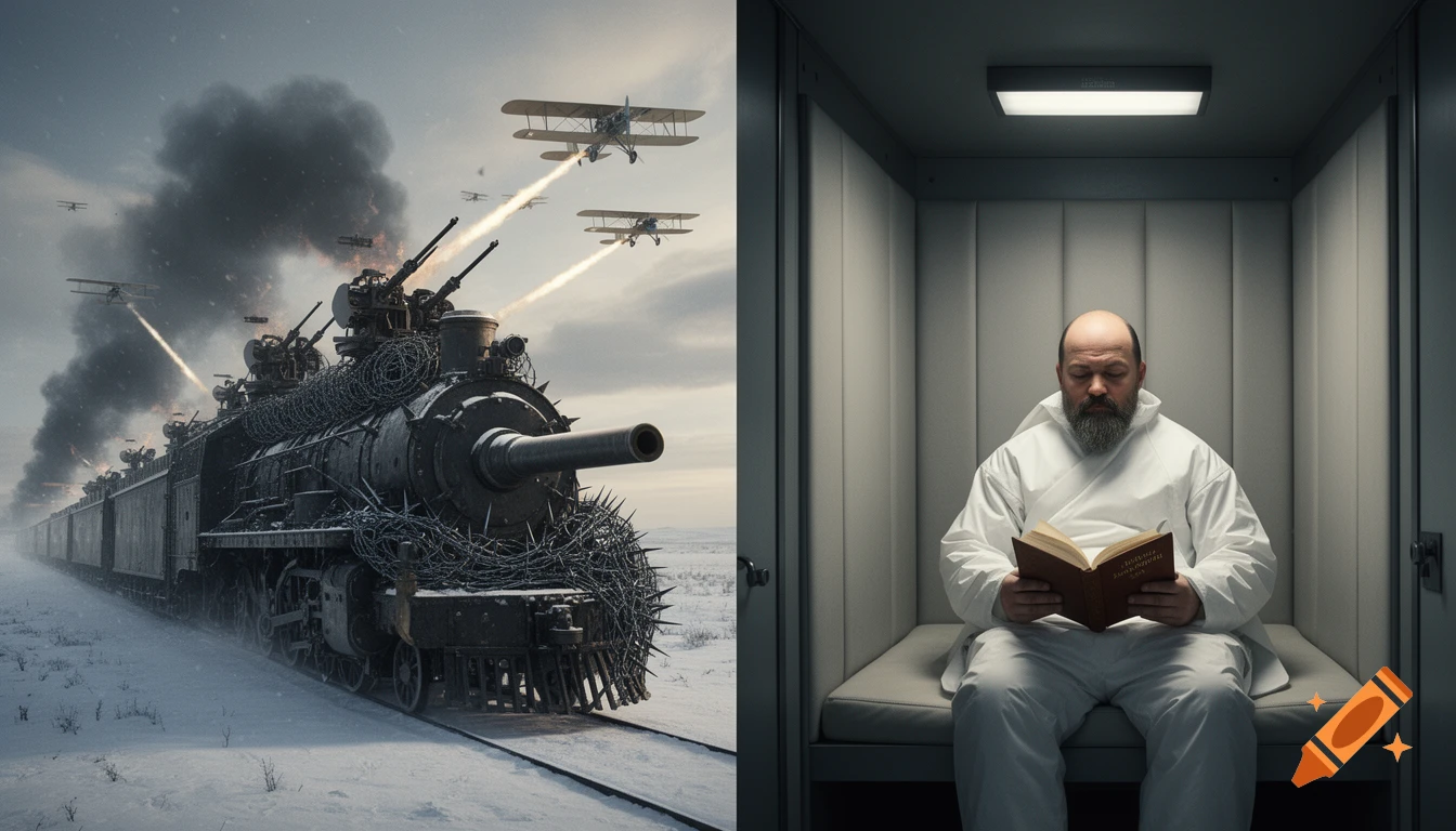 A split-screen image: on the left, a heavily armored train with cannons and barbed wire speeds through a snowy landscape under attack from biplanes; on the right, a bearded man in a white gown reads a book in a padded cell.