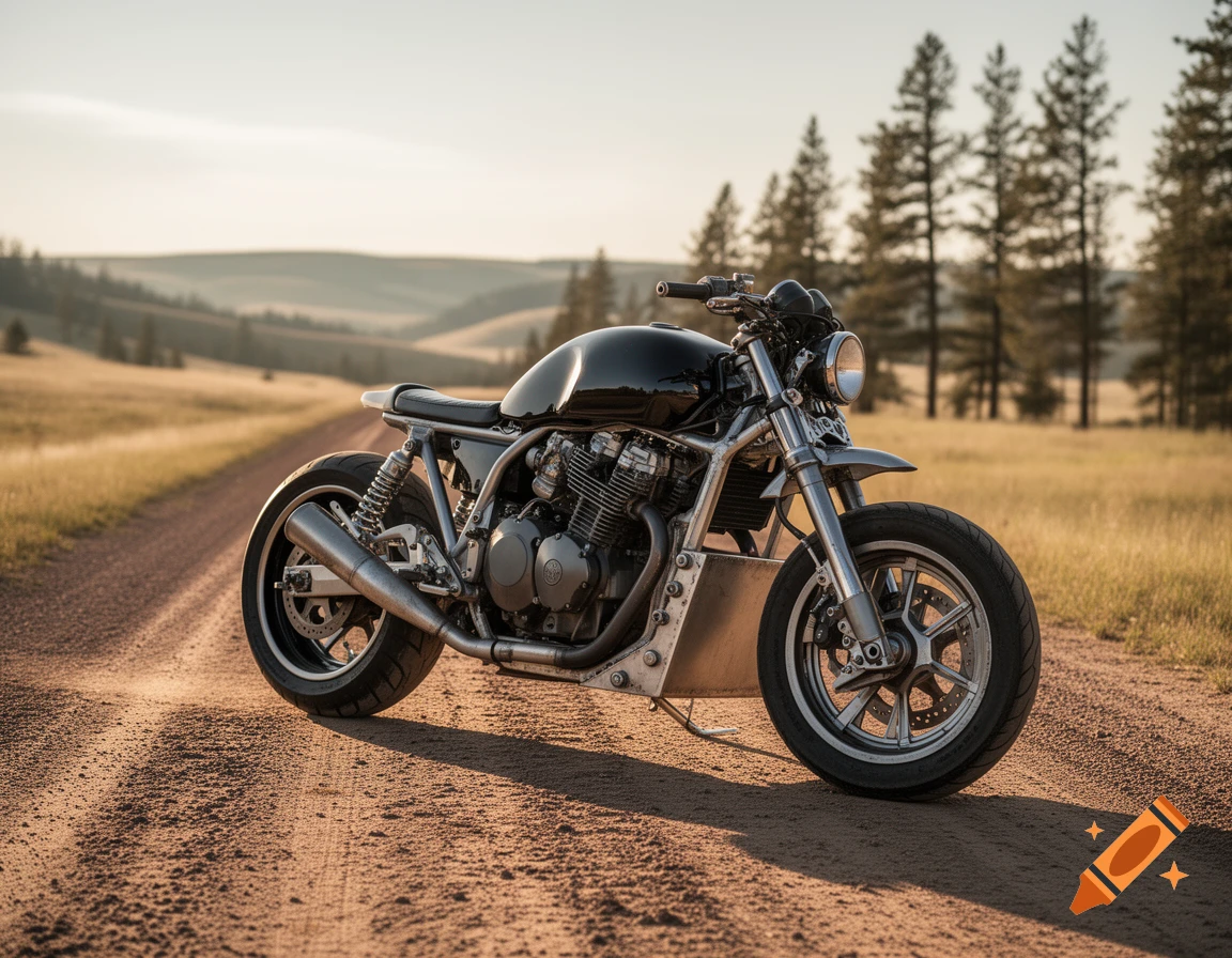 A black and chrome cafe racer motorcycle is parked on a dirt road in a grassy, hilly landscape with pine trees.