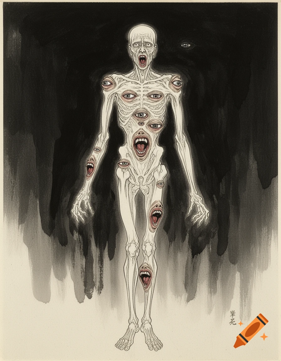 Skeletal figure with multiple eyes and screaming mouths on its body, in a traditional Japanese drawing style.