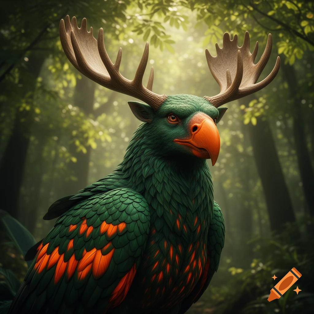 A majestic, deep green griffin-like creature with an orange beak, orange highlights, and large moose antlers stands in a lush forest.