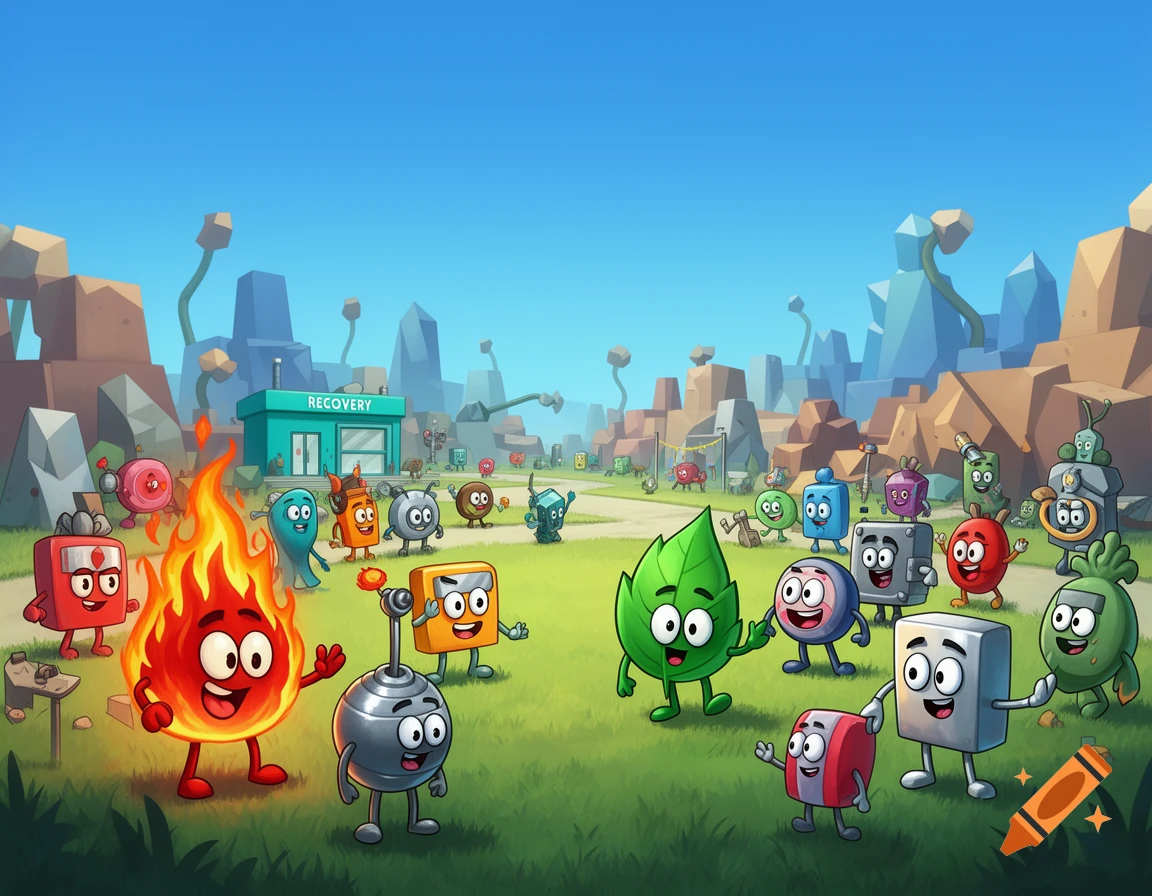 Colorful anthropomorphic cartoon objects and a fire character on a grassy field, with a building labeled 'RECOVERY' and geometric mountains in the background, in an illustrated style.