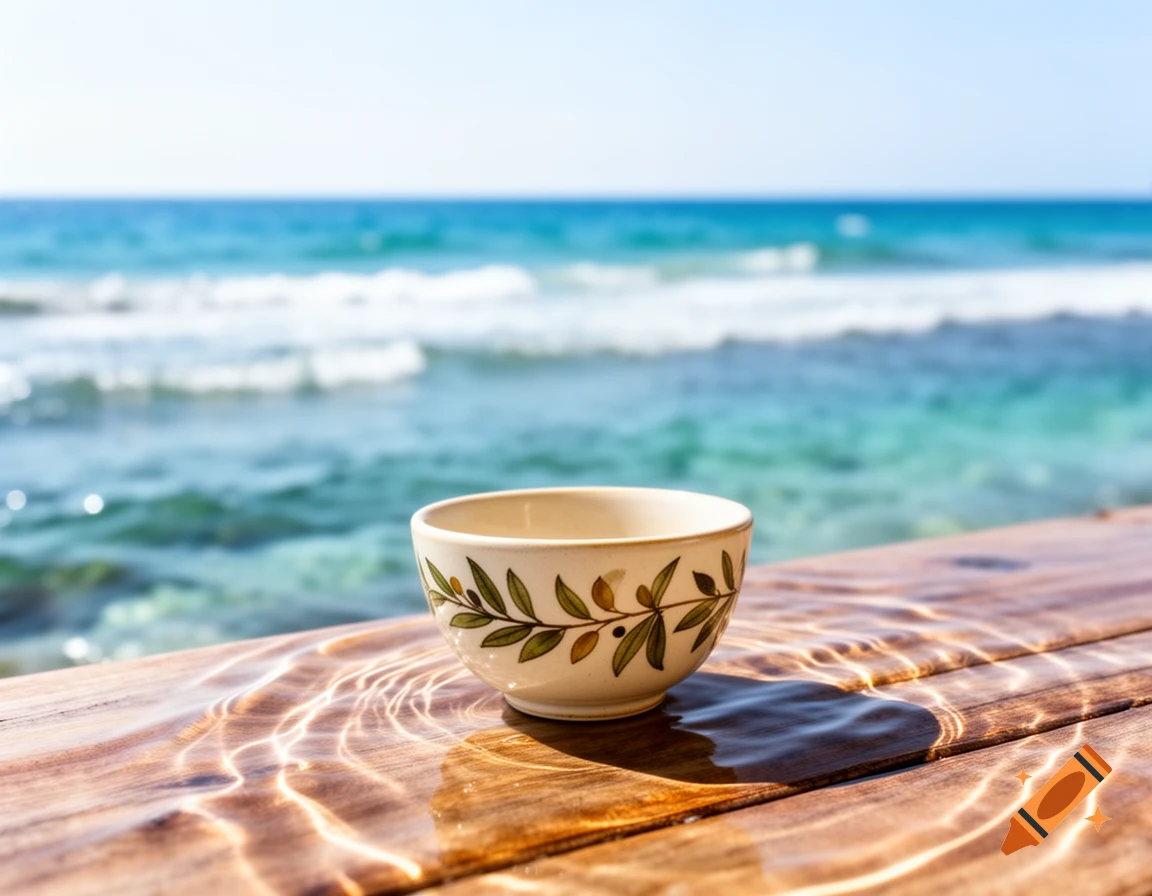 A ceramic cup with an olive branch design rests on a sunlit wooden surface, with water reflections, overlooking a clear blue ocean.