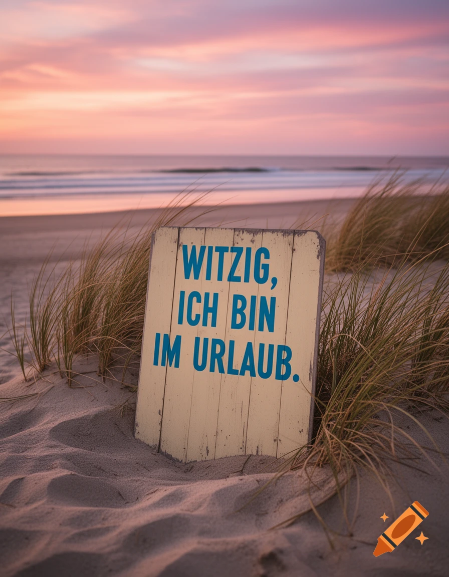 A wooden sign on a sandy beach reads 'Witzig, ich bin im Urlaub.' (Funny, I'm on vacation.) at sunset, with ocean waves in the background.