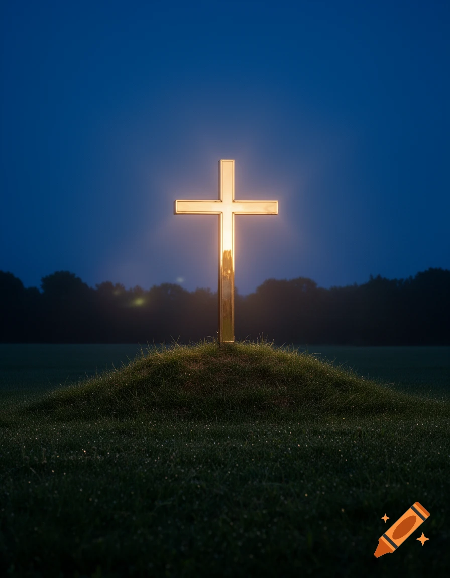 A glowing golden cross stands on a grassy mound against a dark blue twilight sky with distant trees. Photorealistic.