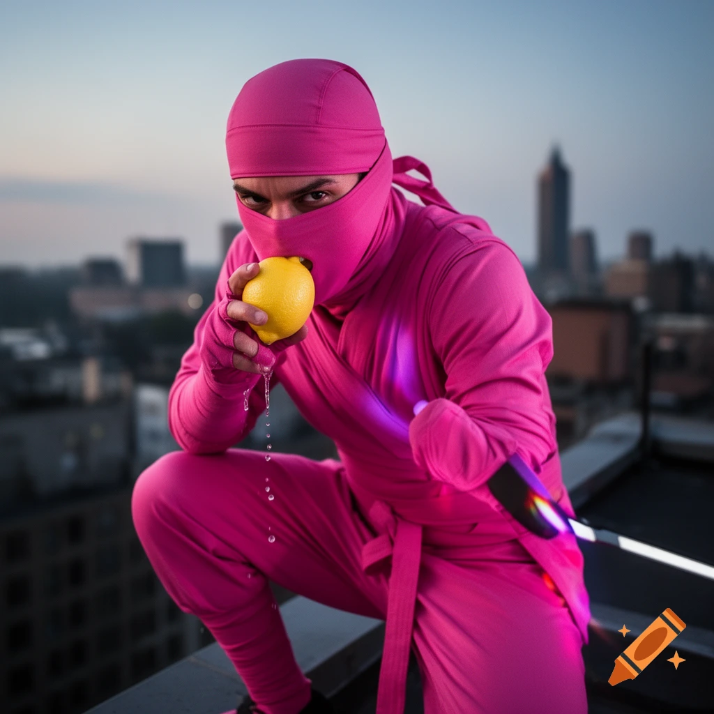 A person in a bright pink ninja suit crouches on a rooftop, biting into a yellow lemon with juice dripping, against a city skyline at dusk.