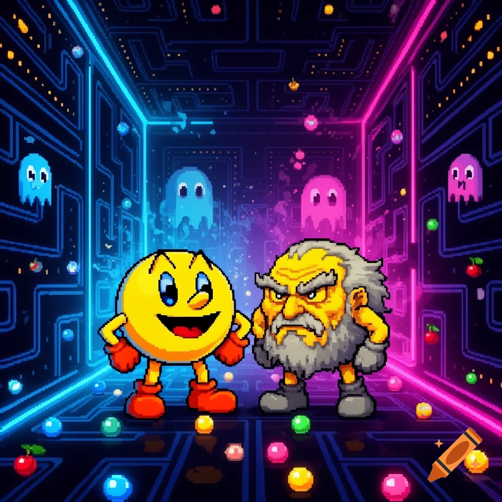 Pixel art of Pac-Man and a grumpy old man standing in a neon-lit arcade maze with ghosts and pellets.