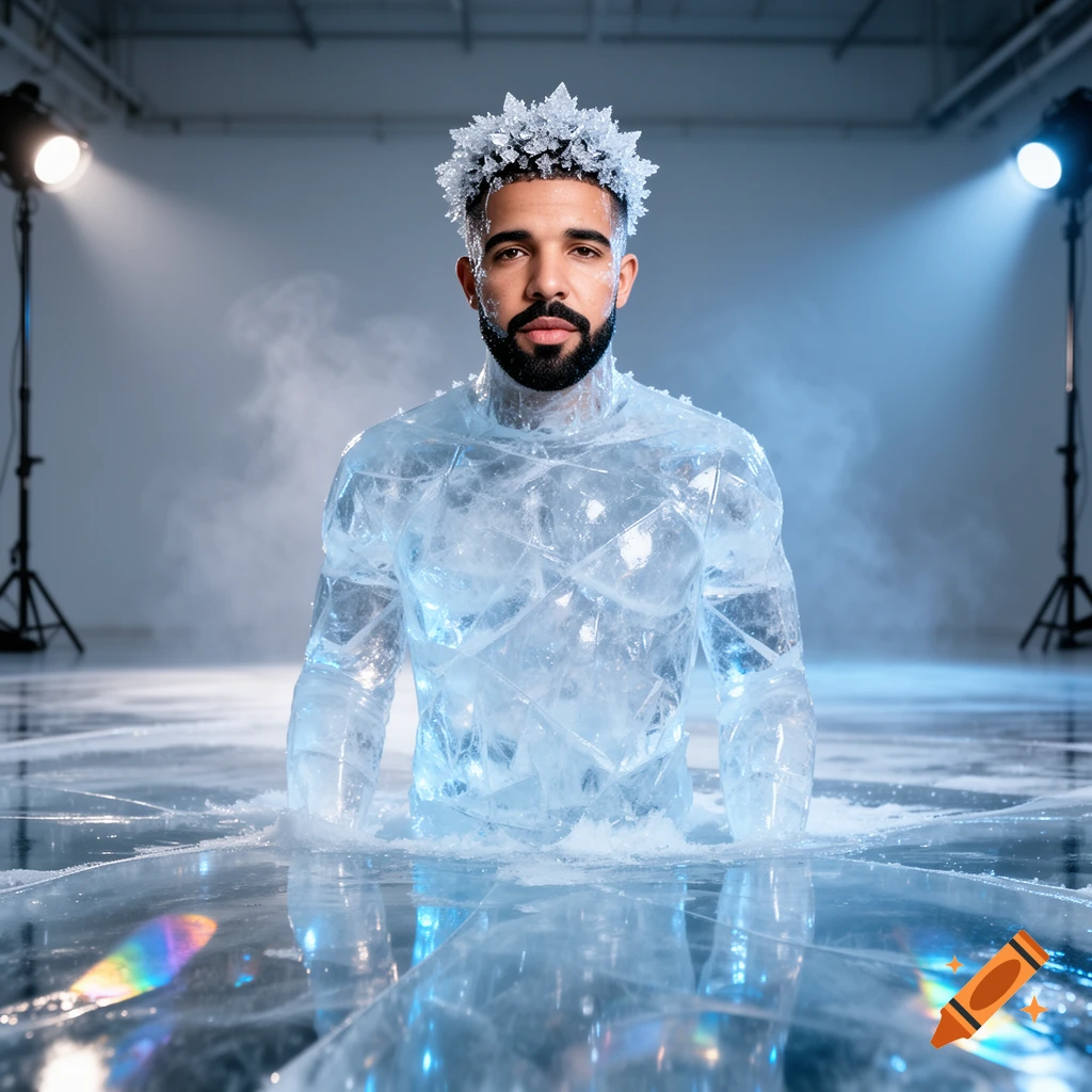 Photorealistic image of Drake as an iceman, with a crown of ice shards, emerging from a cracked ice surface in a studio.