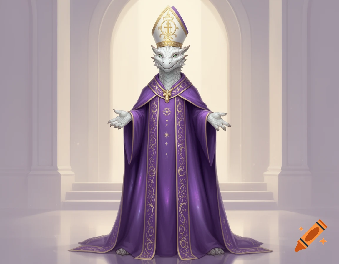 A friendly white dragonborn wearing a purple pope robe and hat, standing in an ornate hall.