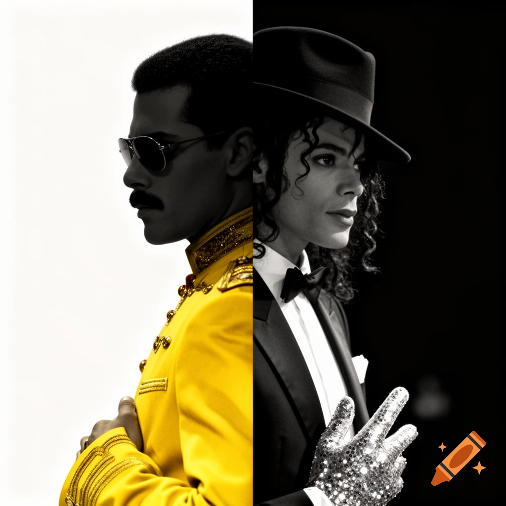 Split portrait: Freddie Mercury in yellow jacket & sunglasses (color) and Michael Jackson in black suit & sparkling glove (B&W).