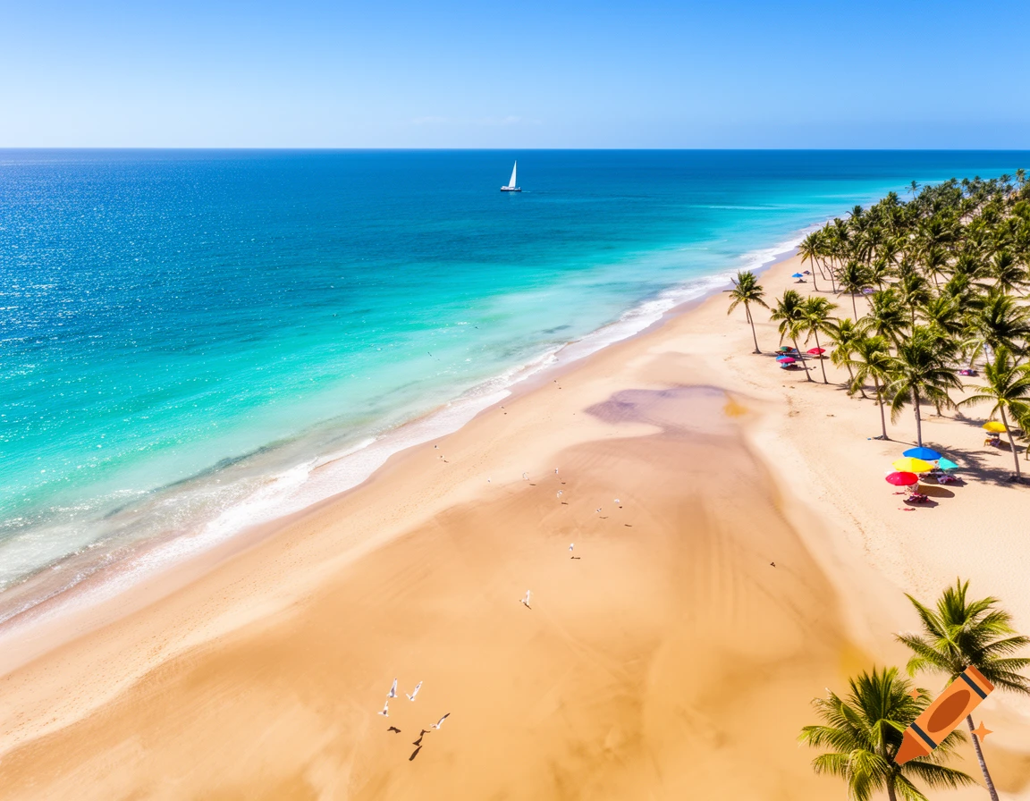 Aerial view of a vibrant tropical beach with turquoise ocean, golden sand, palm trees, colorful beach umbrellas, and a white sailboat.