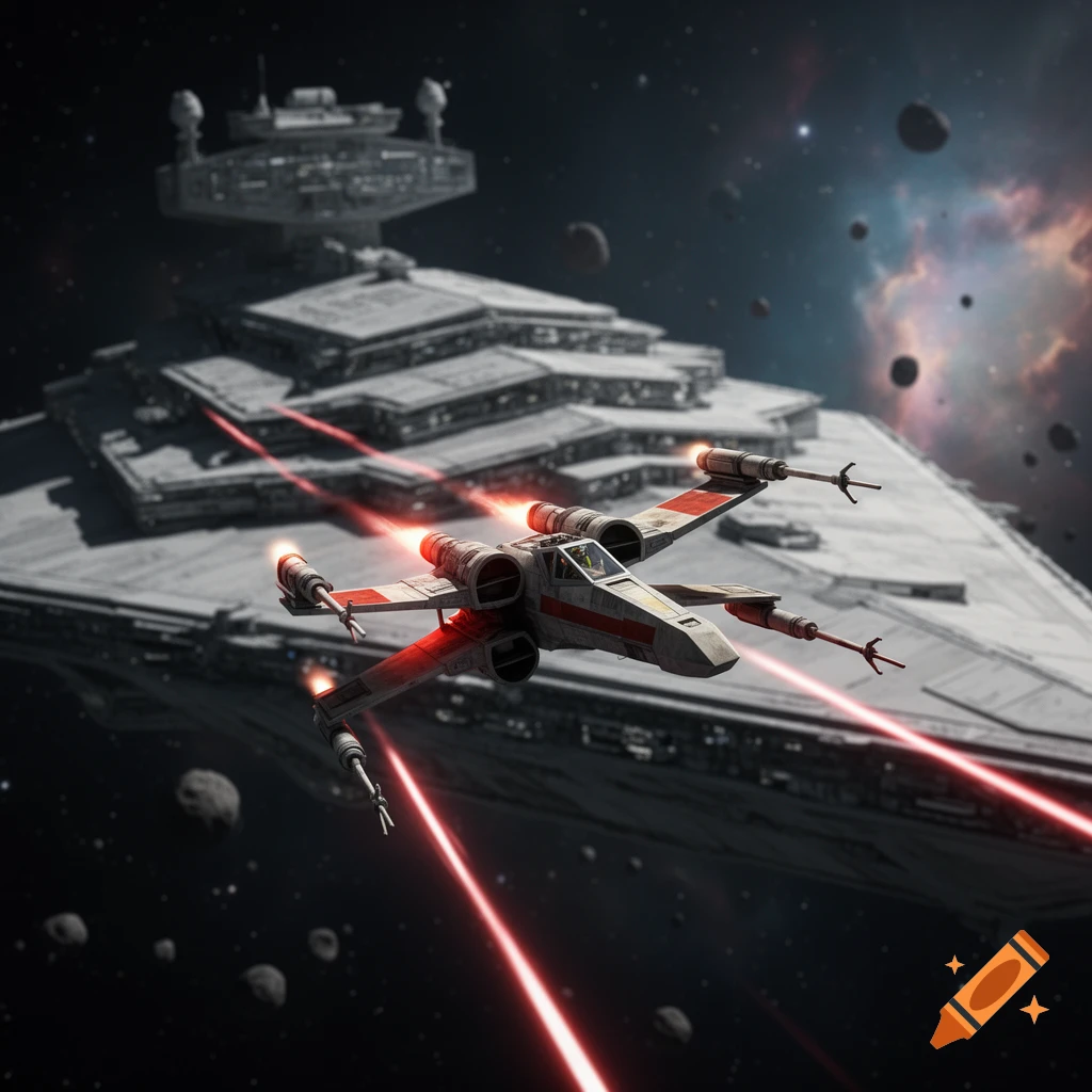 An X-wing fighter shoots red lasers while flying in front of a massive Star Destroyer in deep space, surrounded by asteroids and a distant nebula.