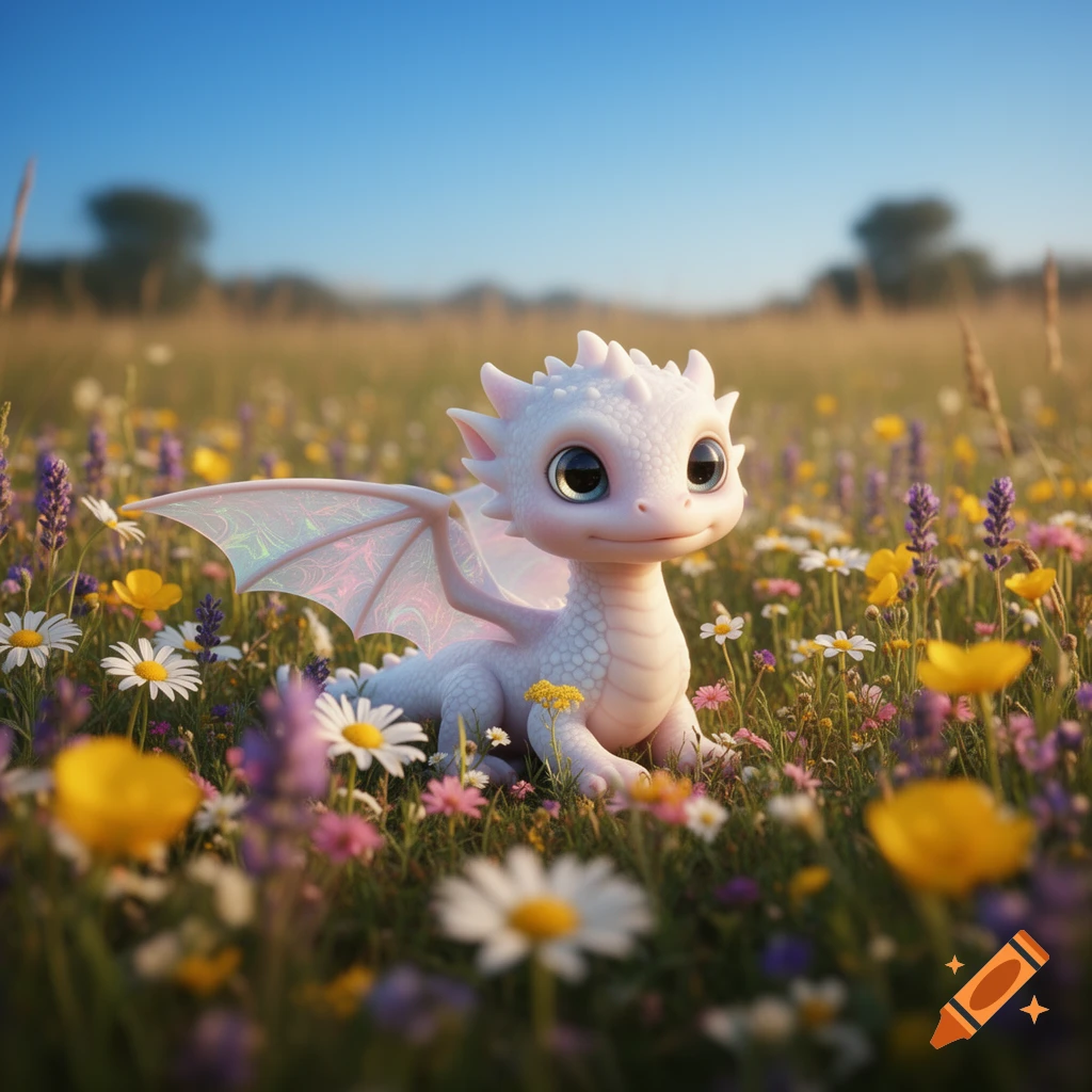 A cute, white, cartoon baby dragon with large eyes and iridescent wings sits in a vibrant meadow of colorful wildflowers under a blue sky.