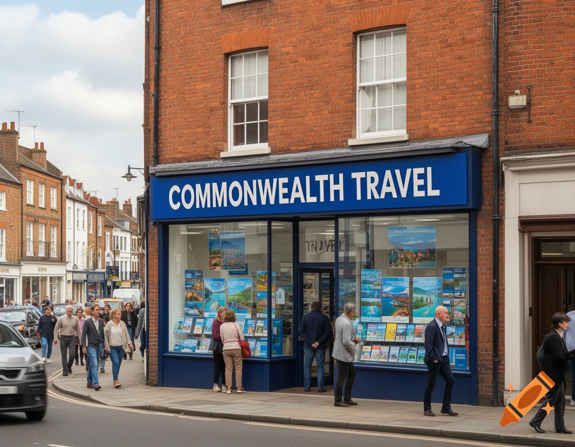 A photorealistic image of a British high street with a 'COMMONWEALTH TRAVEL' agency, showing pedestrians and cars.