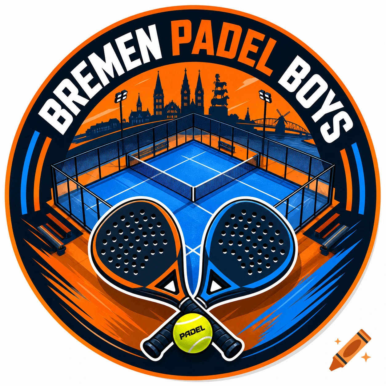 A vibrant padel club logo in orange and blue, featuring a padel court, crossed rackets, a ball, and the Bremen city skyline.