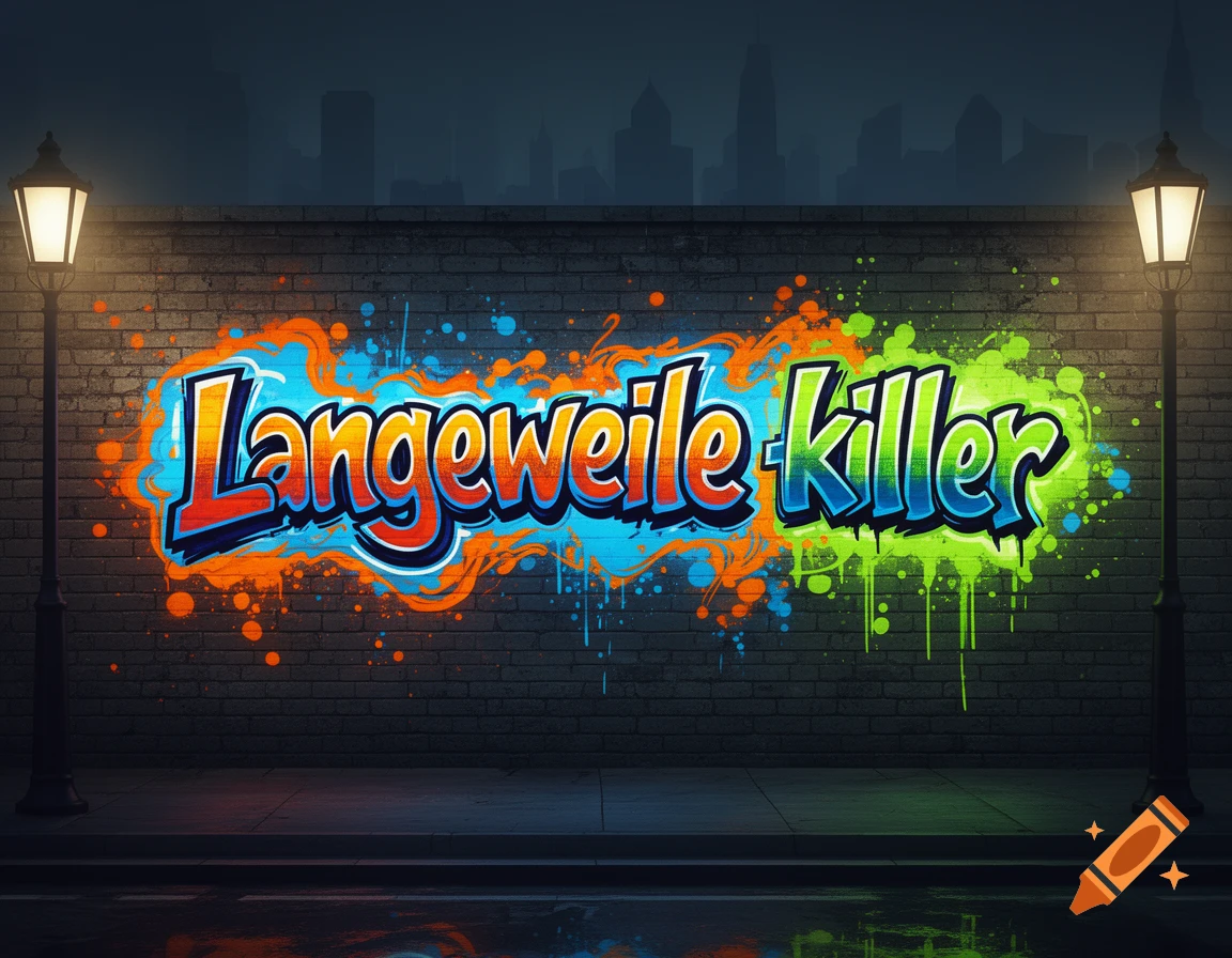 Colorful graffiti spelling "Langeweile killer" on a dark brick wall at night, illuminated by two streetlights.