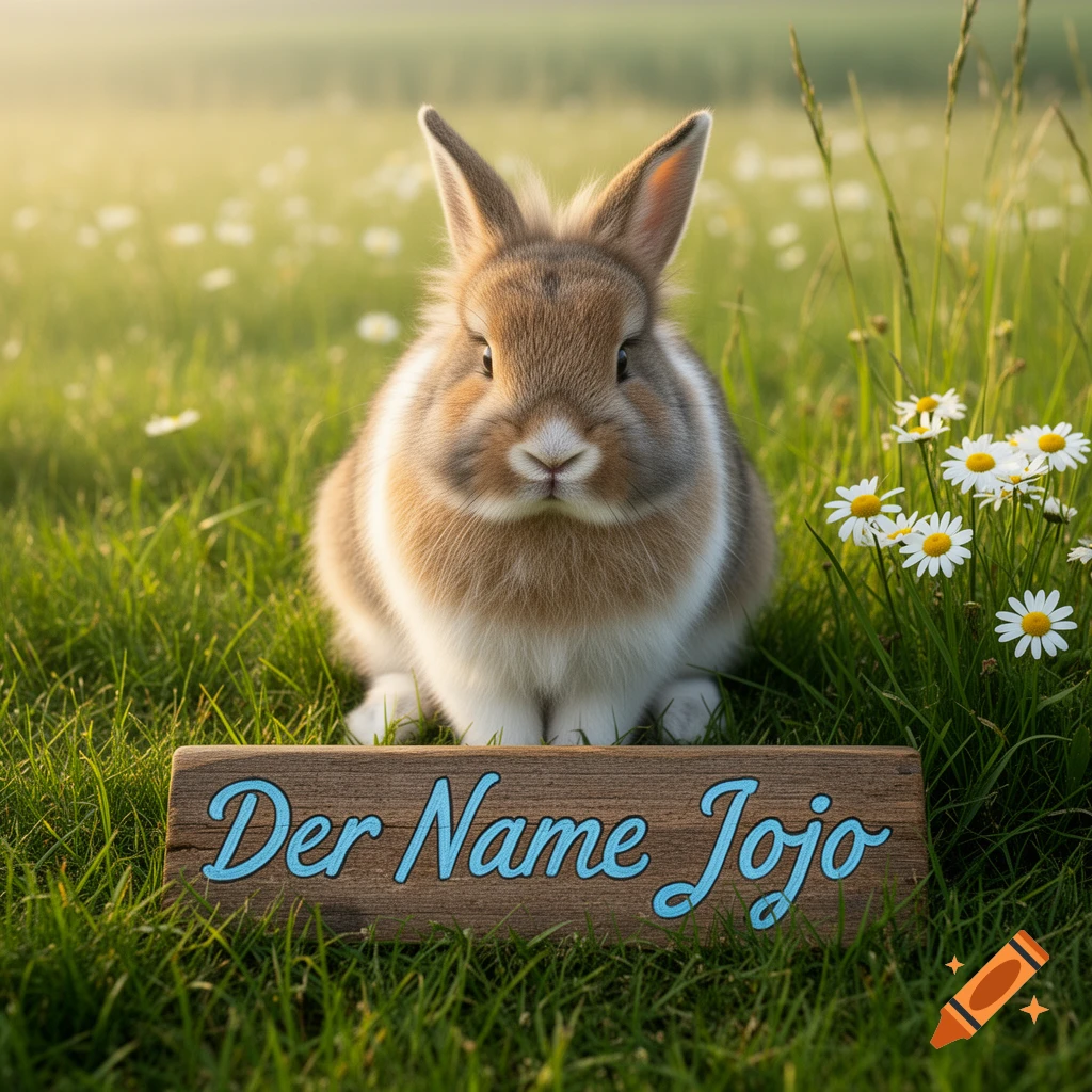 A fluffy brown and white rabbit sits in a grassy field with daisies, in front of a wooden sign that reads 'Der Name Jojo'.
