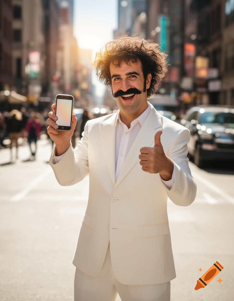 A man with a large mustache and wild hair, in a white suit, smiles and gives a thumbs up while holding a smartphone on a city street.