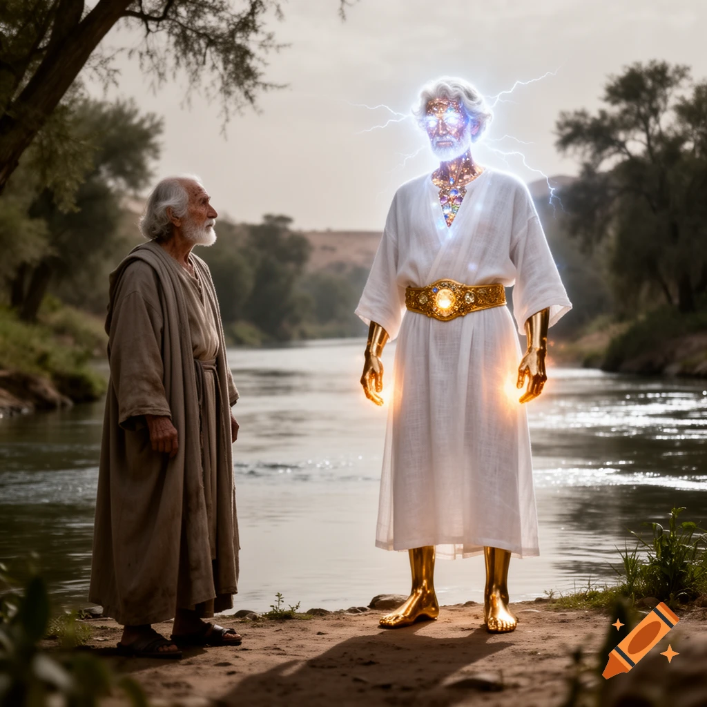 An old man in robes gazes at a glowing, metallic-limbed figure with lightning around its head, standing by a river.