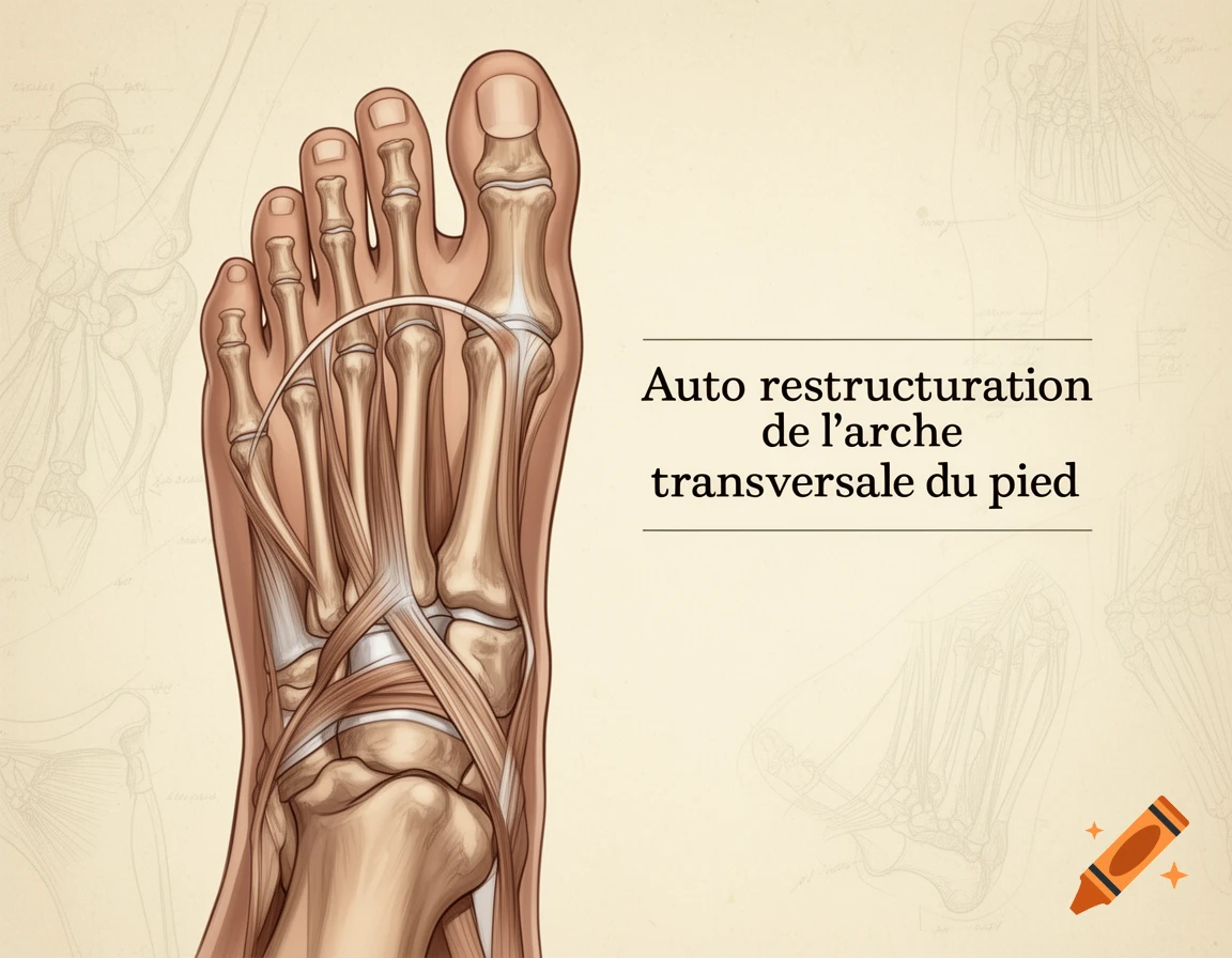 An anatomical illustration of a human foot, seen from the top, showing the bones, ligaments, and tendons, with the French text 'Auto restructuration de l'arche transversale du pied' next to it, on a cream background with faint skeletal diagrams.