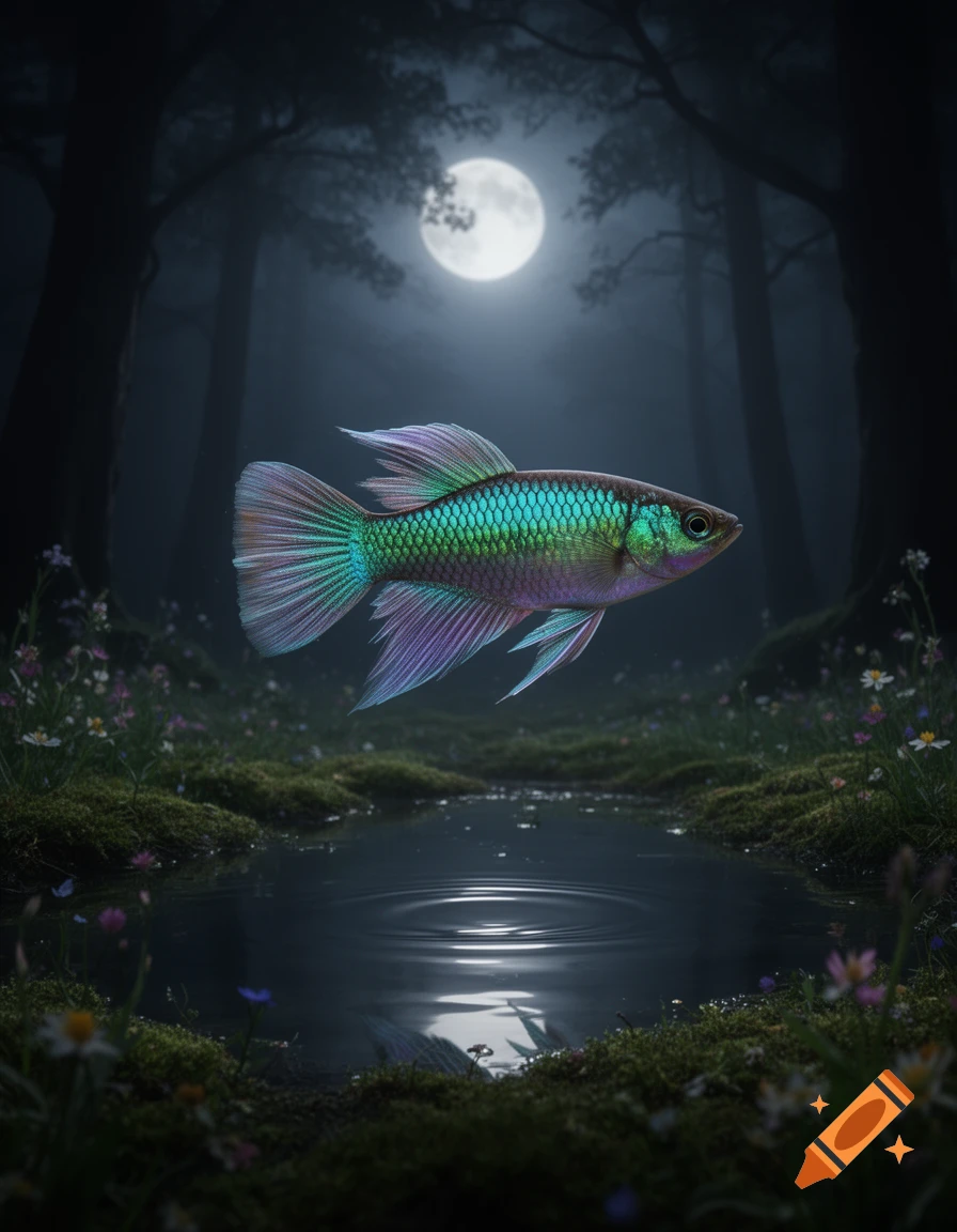 A vibrant, iridescent fish floats above a still pond in a dark, misty forest under a bright full moon.