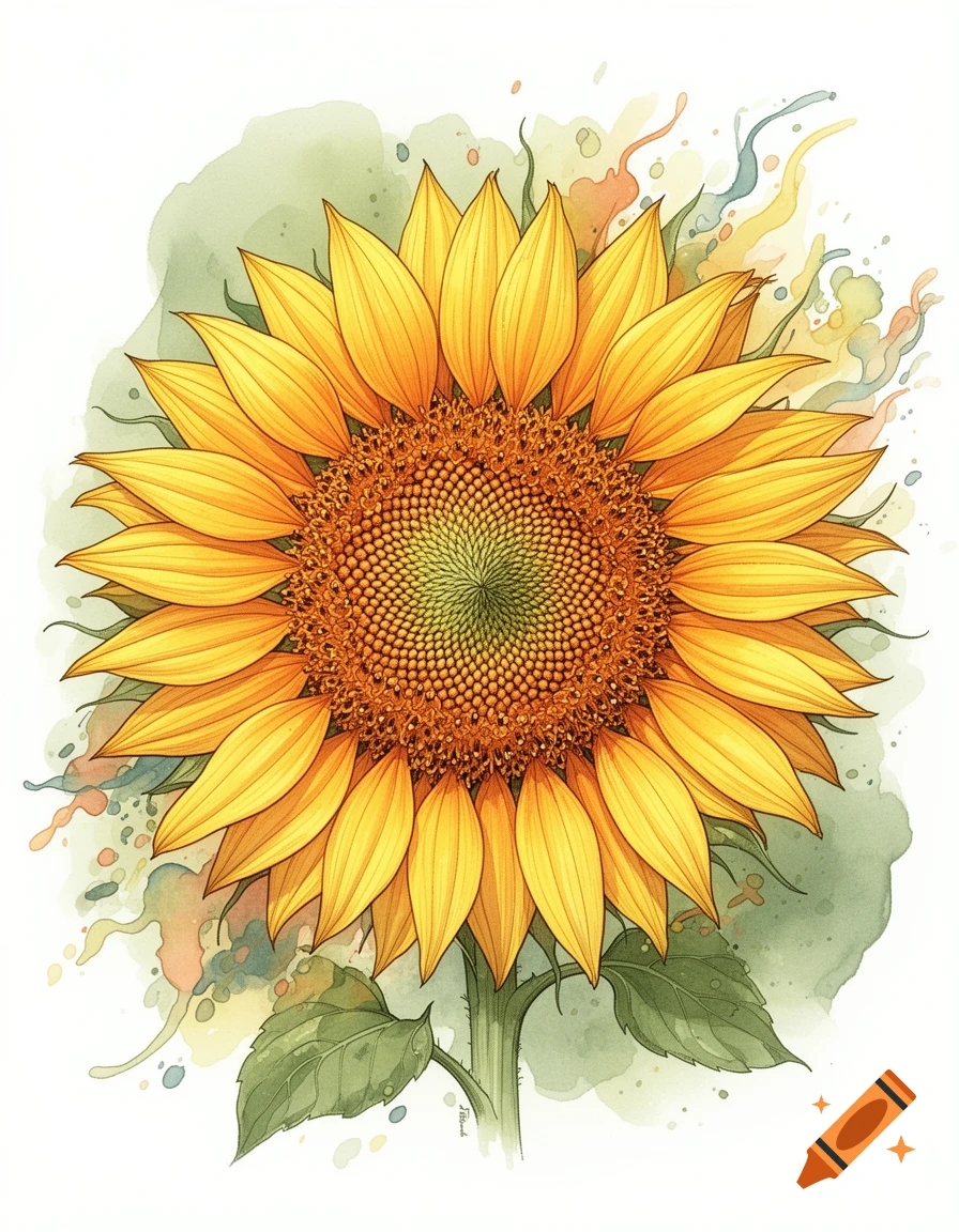 Detailed watercolor illustration of a vibrant yellow sunflower with a green stem, set against a white background with colorful splatters.