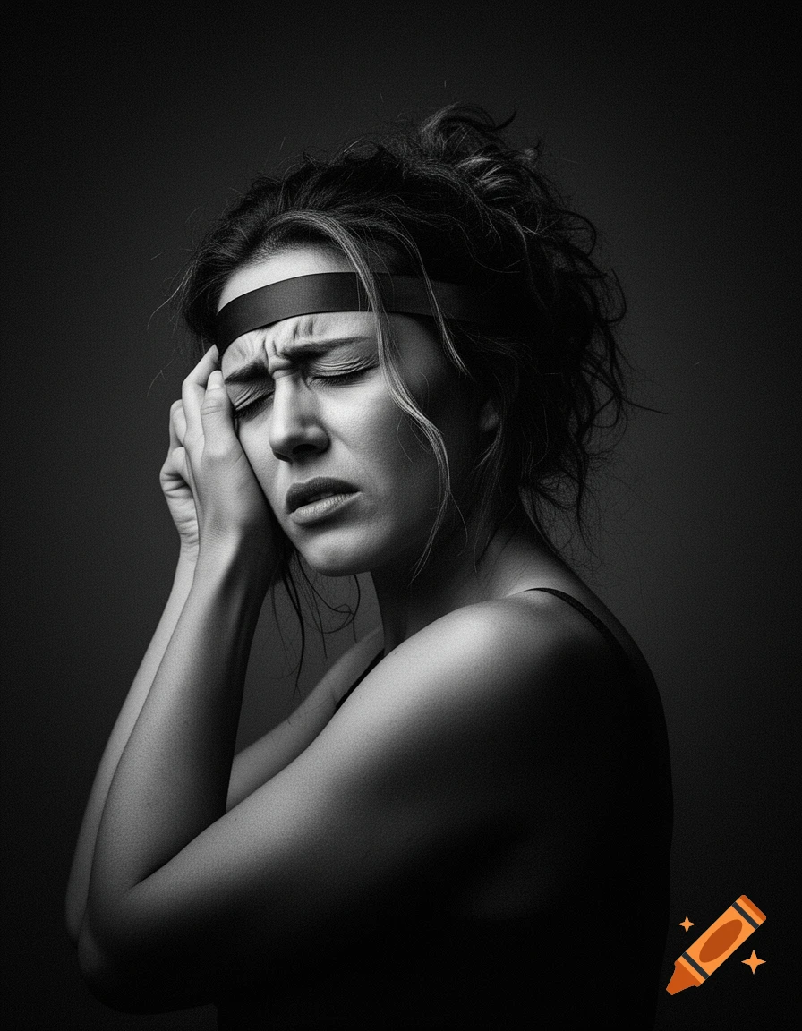 Black and white portrait of a woman with her eyes closed, hands to her temples, conveying intense anguish.