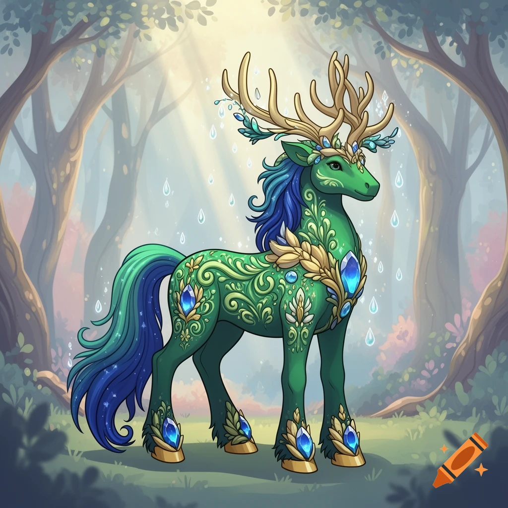 A vibrant green fantasy creature with golden antlers, blue mane, and ornate gold and blue gem patterns, in a sunlit magical forest.