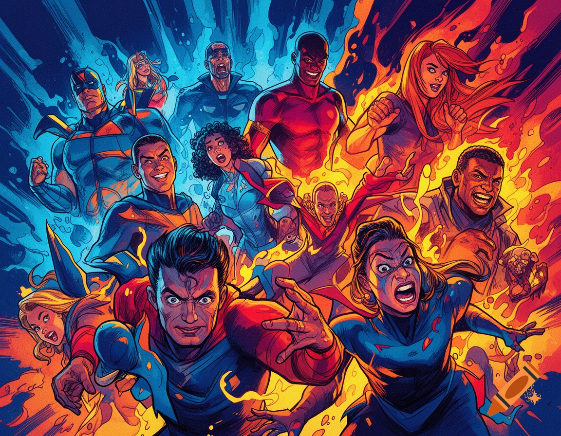 Vibrant comic art illustration of diverse superheroes in dynamic action poses, with dramatic red and blue lighting.