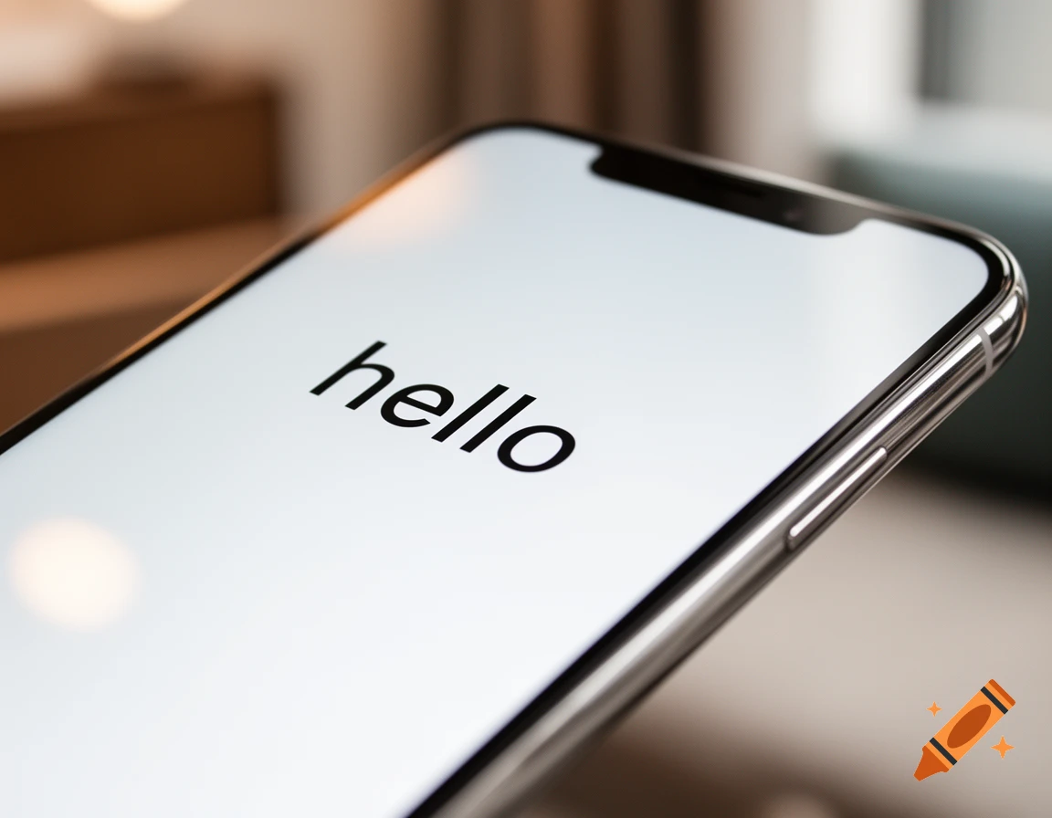 Close-up of a silver smartphone with the word 'hello' displayed on its white screen.