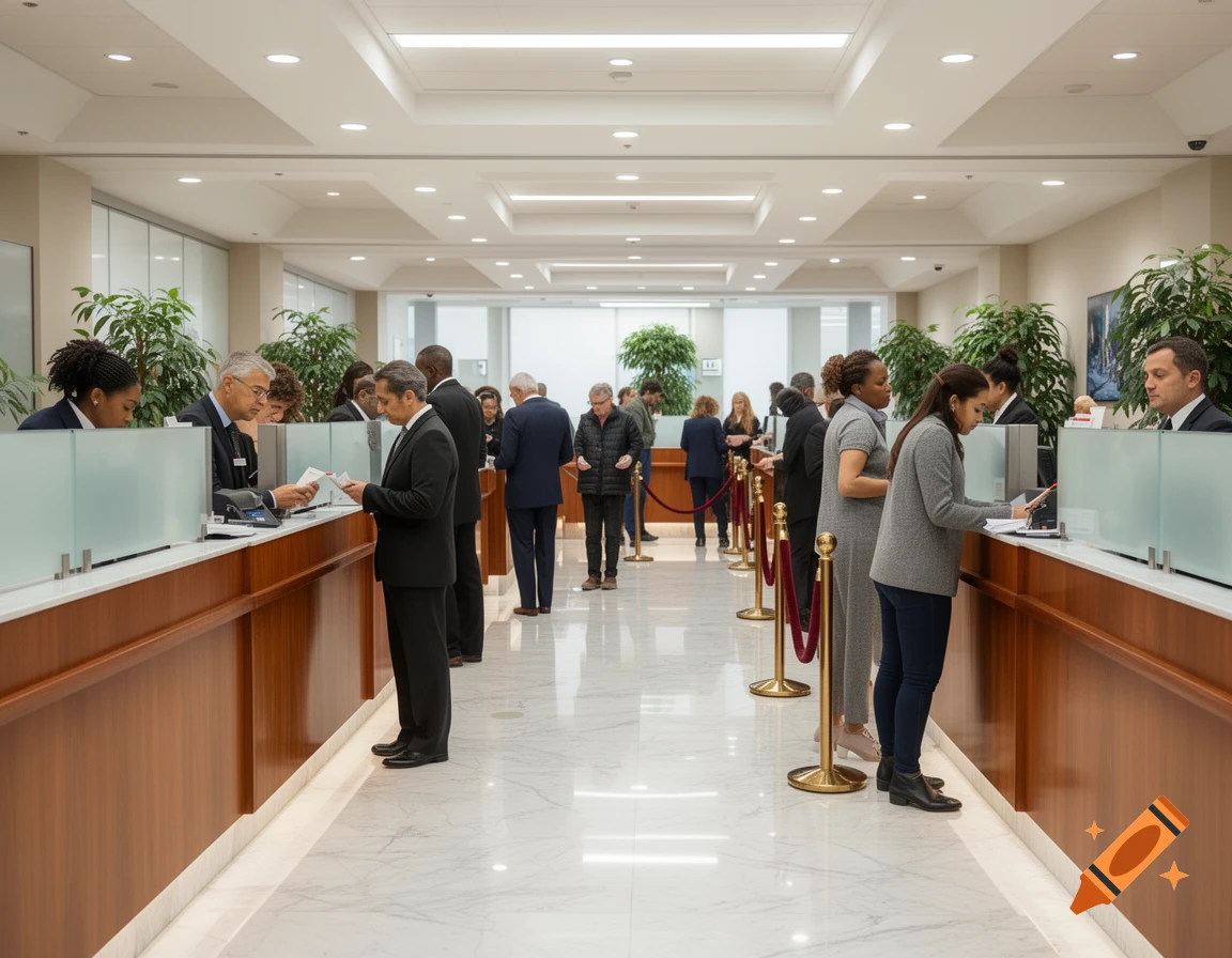 A modern bank branch interior with tellers and customers conducting business at the counters, featuring polished floors and green plants.