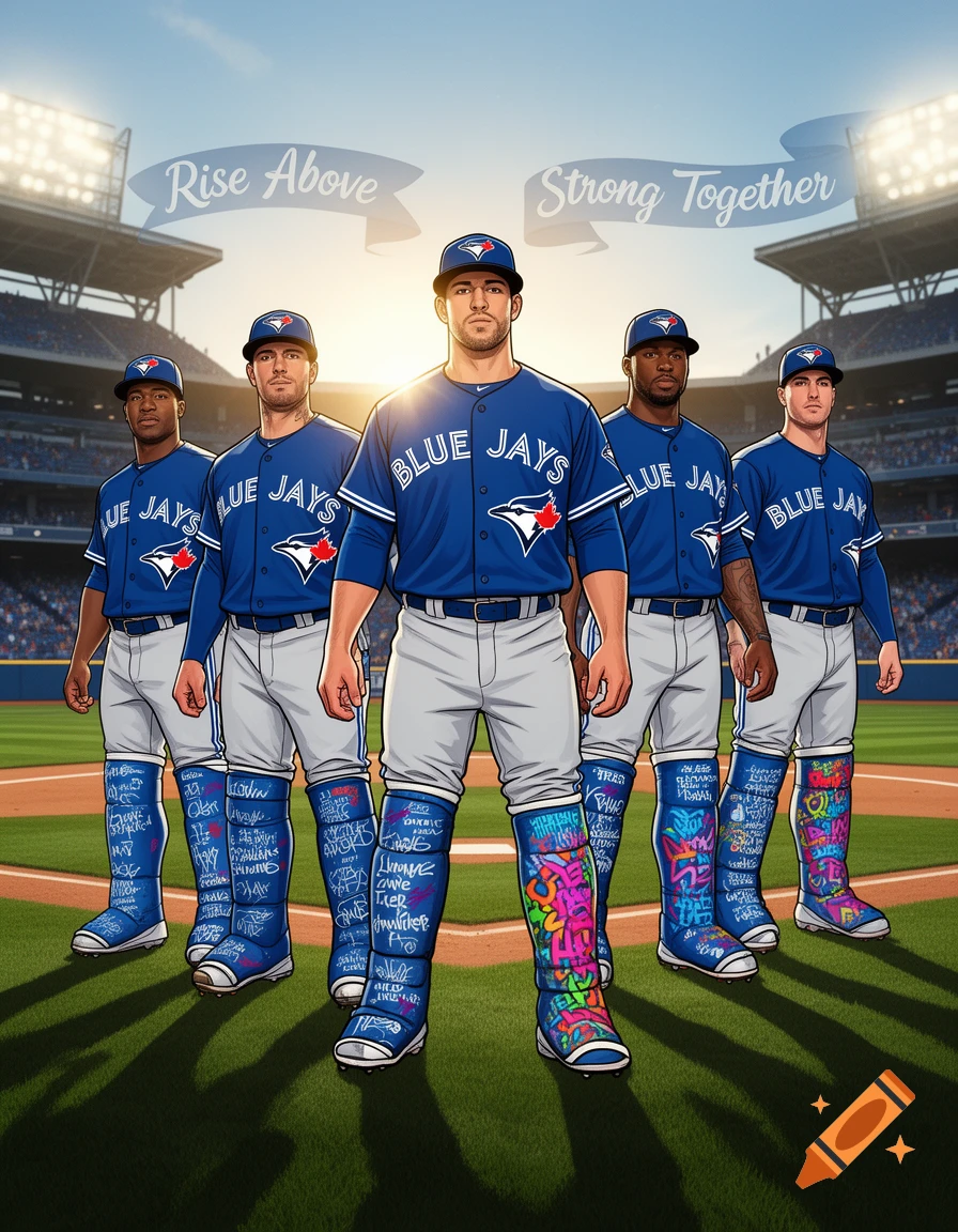 Five cartoon-style baseball players in blue Toronto Blue Jays uniforms and grey pants stand on a field, wearing colorful graffiti-covered leg casts. Banners above read 'Rise Above' and 'Strong Together'.