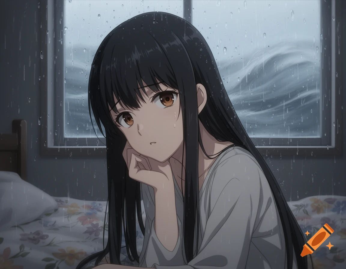 An anime girl with long black hair sits by a window, looking sadly at the heavy rain outside.