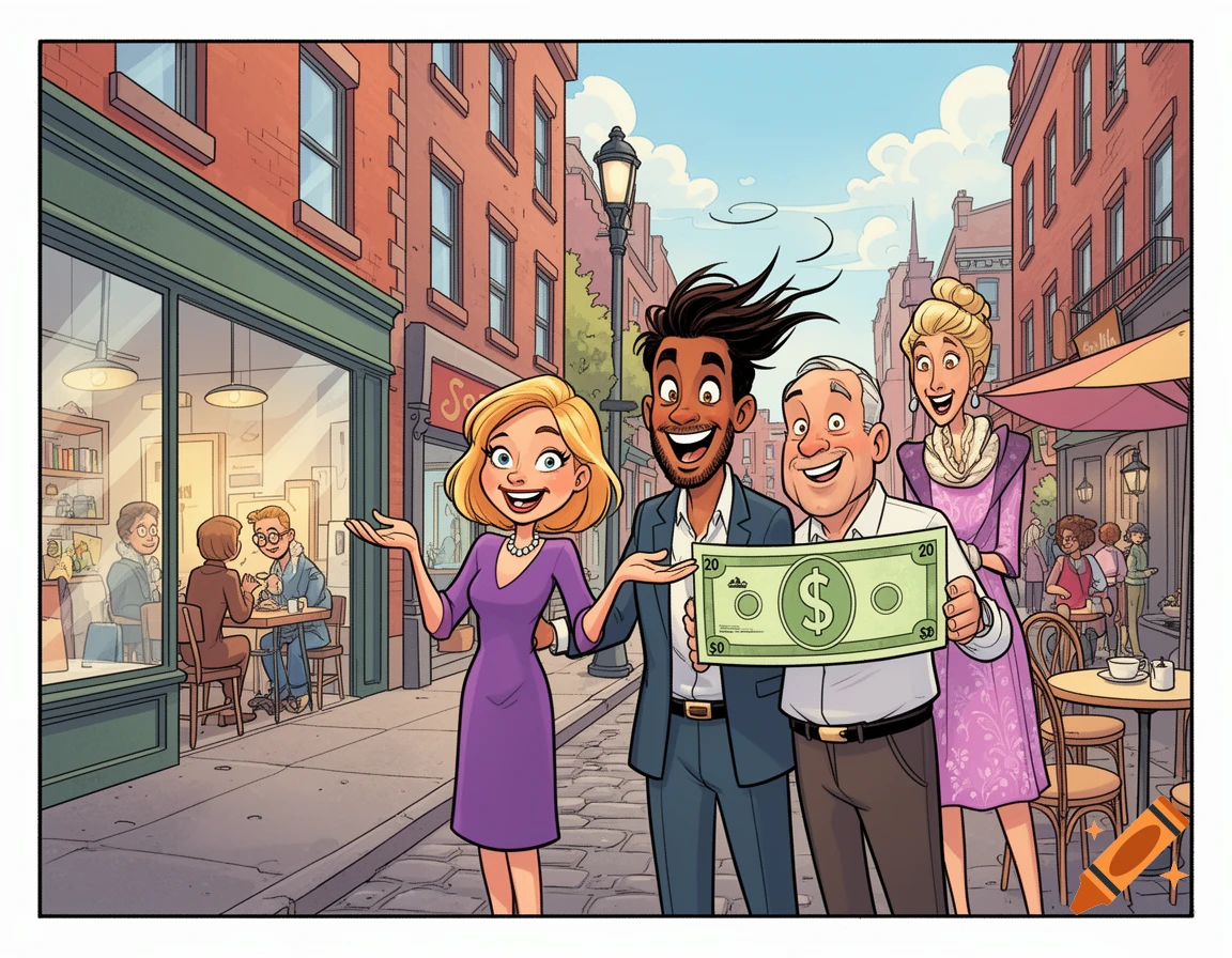 Four excited cartoon people on a bustling city street, two holding up a twenty-dollar bill.
