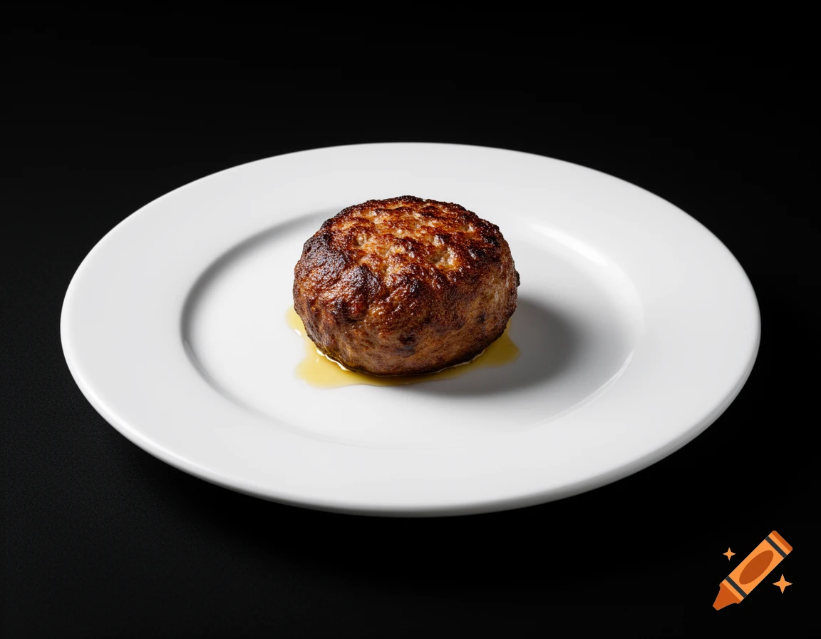 A close-up, photorealistic shot of a cooked meat patty resting on a white plate with a black background.