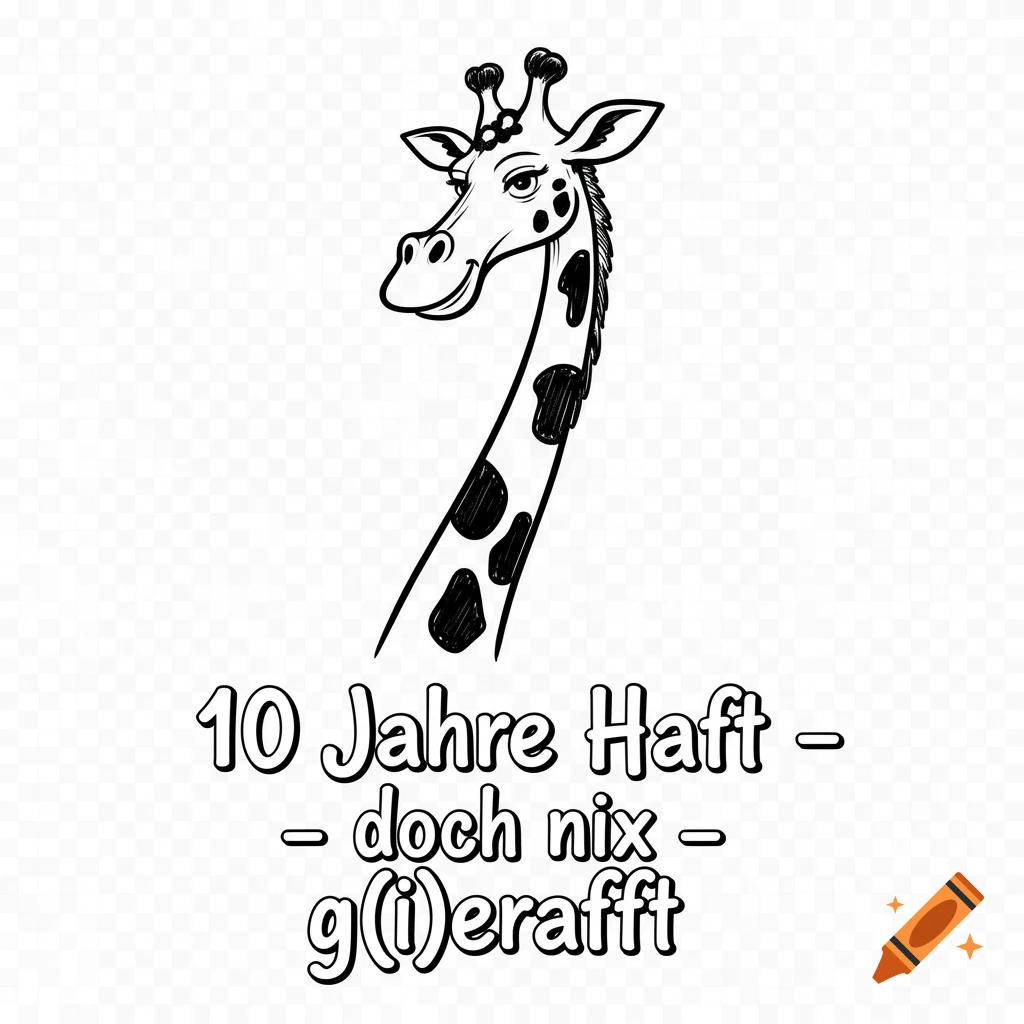 A black and white line art cartoon of a giraffe's head and long neck looking left, above German text that reads "10 Jahre Haft - doch nix - g(i)erafft" in a bubbly font, on a transparent background.