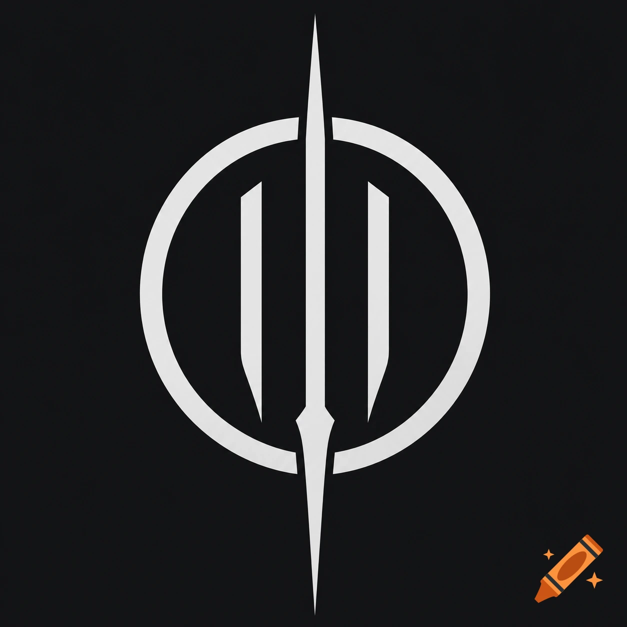A white minimalist logo featuring a spear piercing a circle with two vertical lines inside, on a black background.
