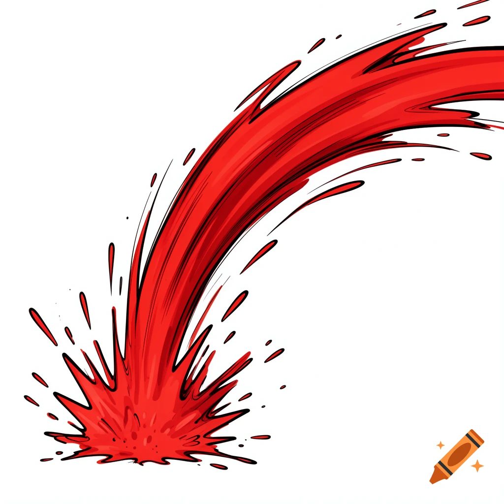 Dynamic comic art illustration of a bright red liquid gushing downwards and splashing vigorously on a white background.