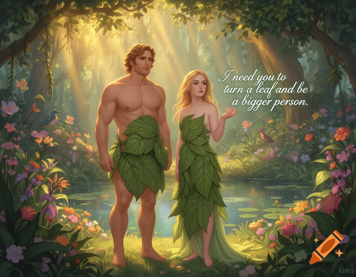 Adam and Eve in a lush, sunlit garden, covered by leaves, with Eve saying, 'I need you to turn a leaf and be a bigger person.'