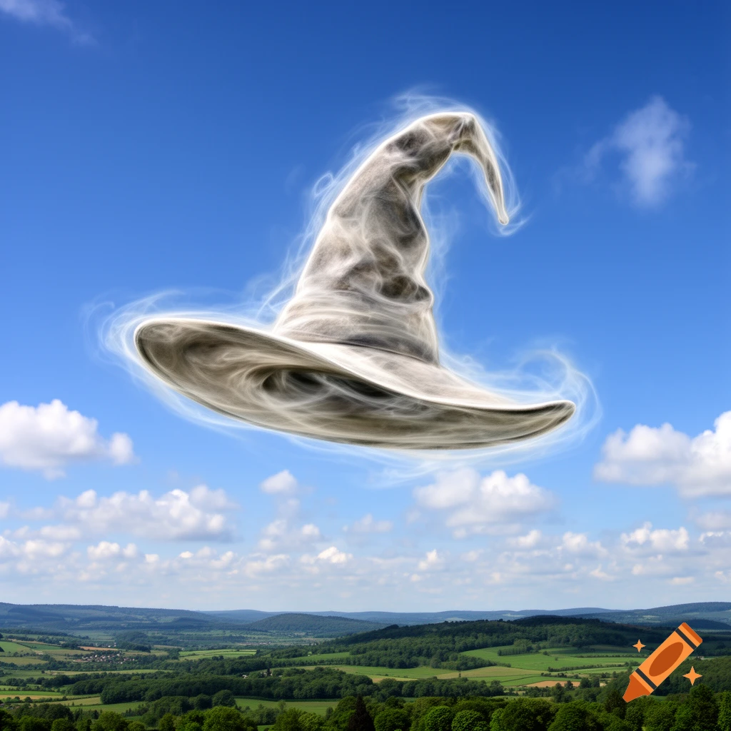 A translucent, glowing, gas-like wizard's hat floats in a bright blue sky above a verdant, rolling landscape.