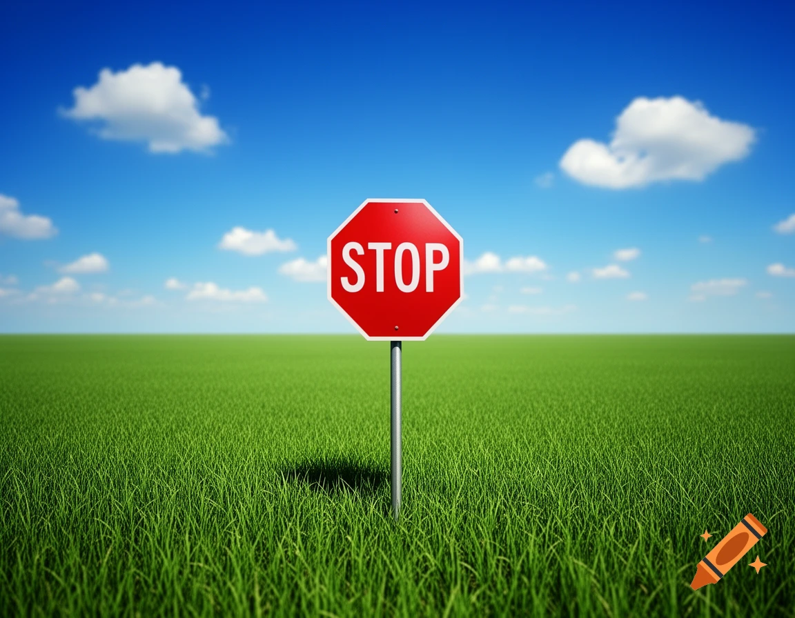 A red stop sign stands in the middle of a vast green grass field under a bright blue sky with white clouds, dreamcore style.