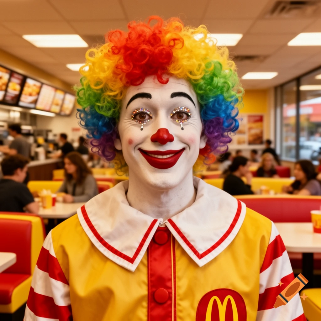 A smiling clown resembling Ronald McDonald, with rainbow hair and sparkly eyes, wearing a McDonald's jacket inside a restaurant.