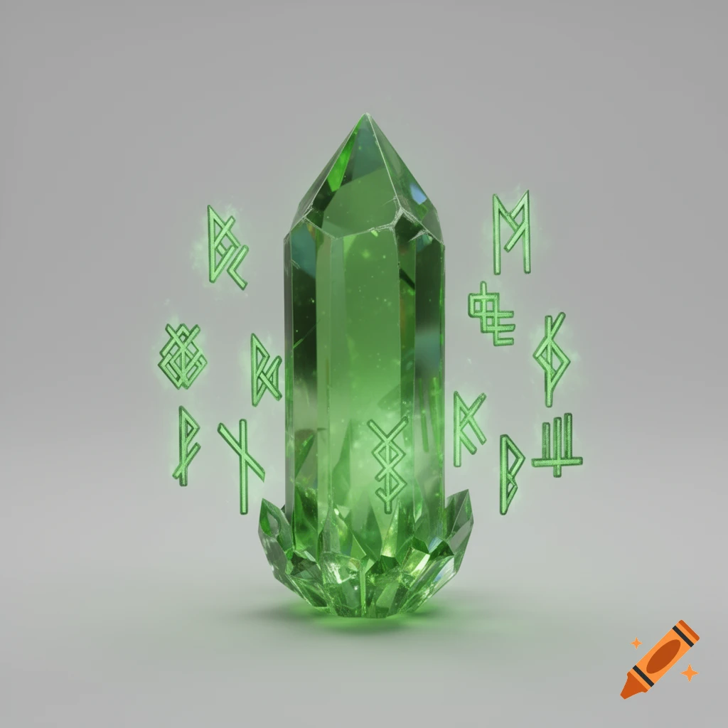 A vibrant green crystal obelisk stands on a light background, surrounded by glowing green runic symbols.