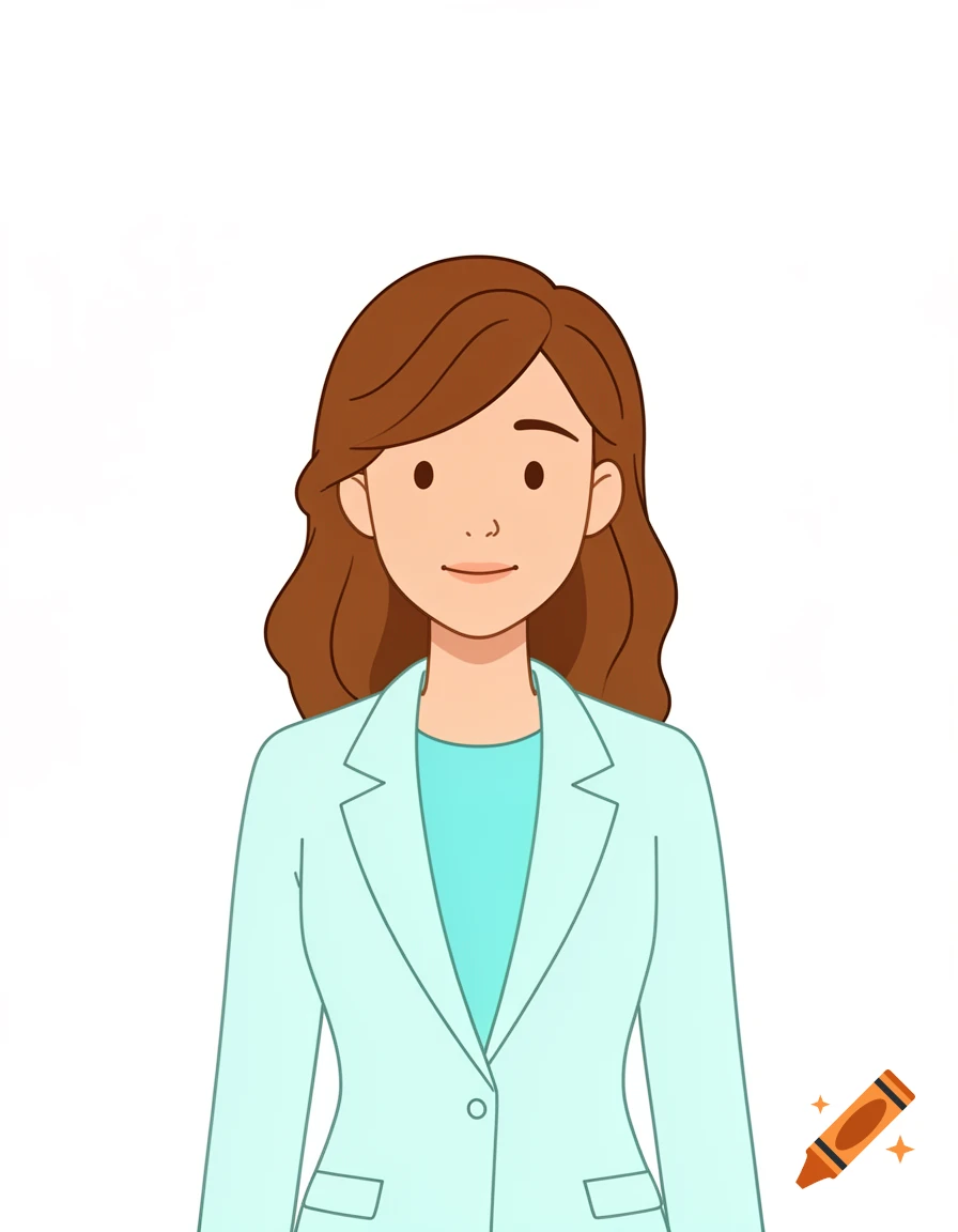 A simple 2D cartoon illustration of a professional woman with brown hair, wearing a light blue blazer and a turquoise top, smiling calmly on a white background.