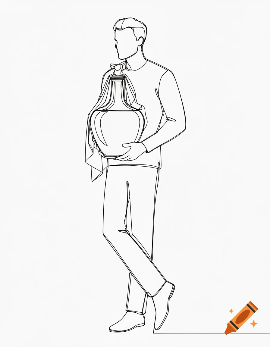 Black outline drawing of a man holding a rounded pot with a cloth draped over it.