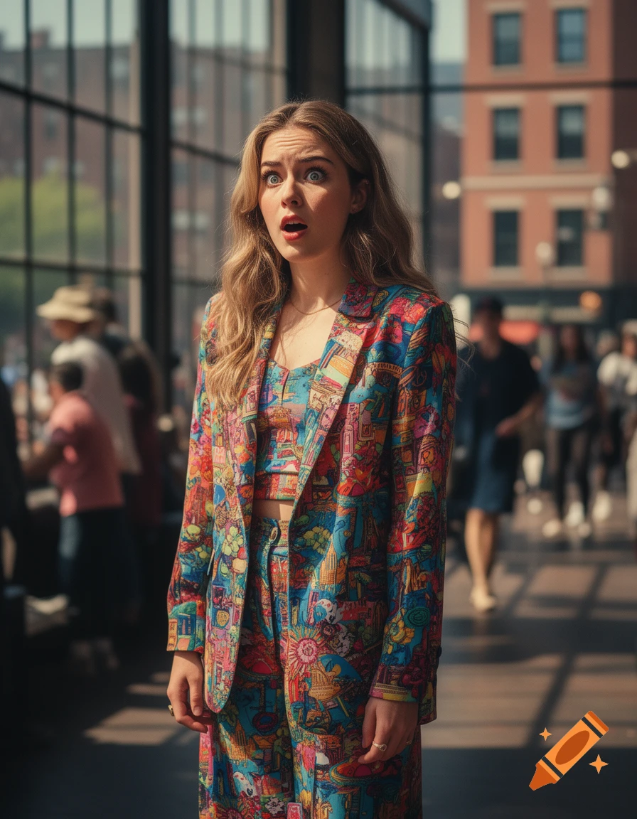 A young woman in a colorful, patterned suit with a surprised expression stands in a sunny, bustling urban environment.