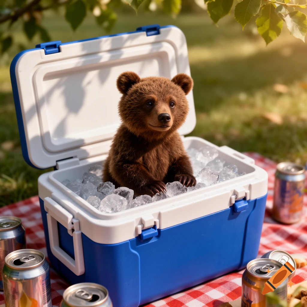 A cute brown bear cub sits in a blue and white cooler filled with ice on a red and white checkered picnic blanket, surrounded by soda cans.