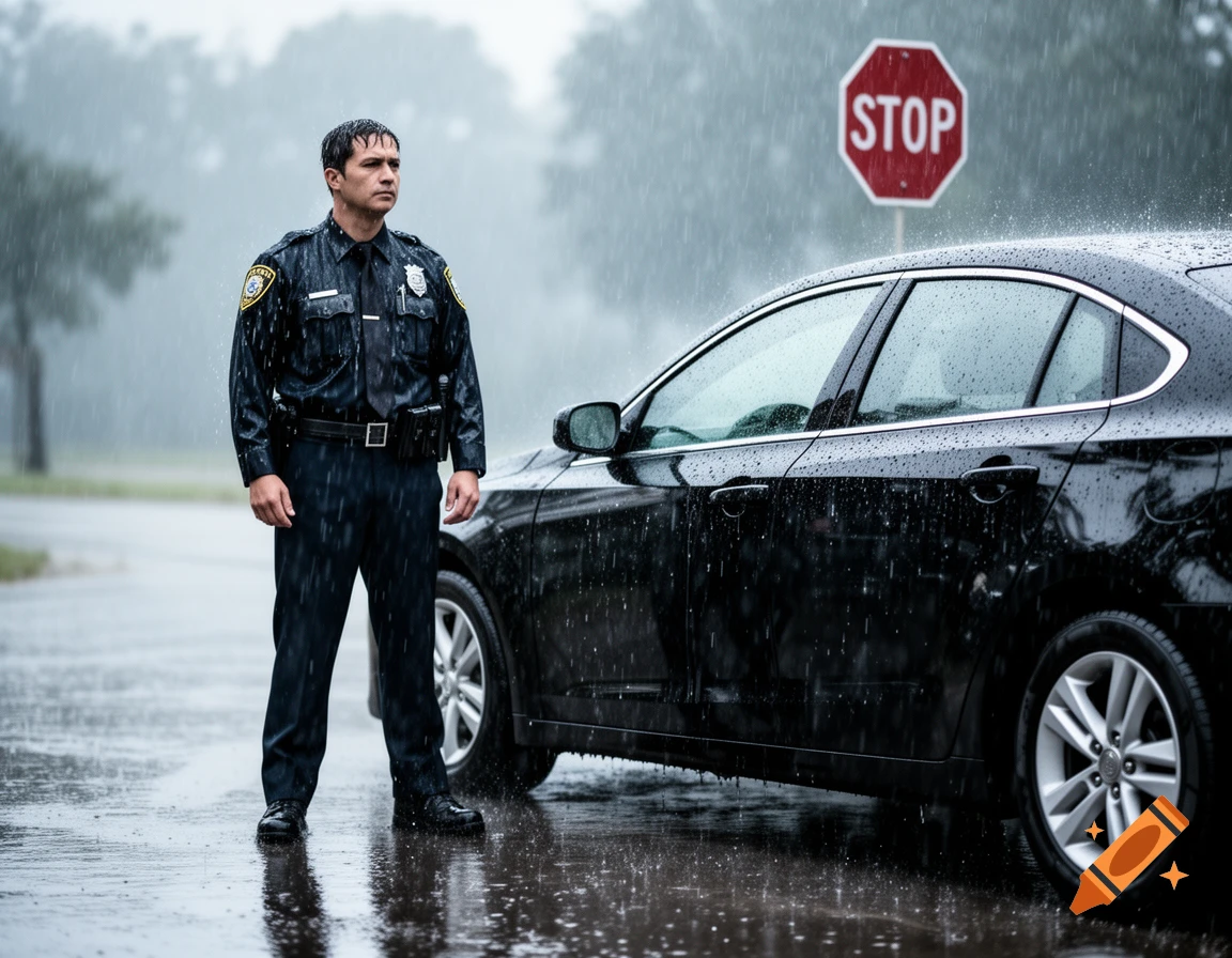 Photorealistic image of a police officer in uniform standing in heavy rain next to a black car, with a red stop sign visible.