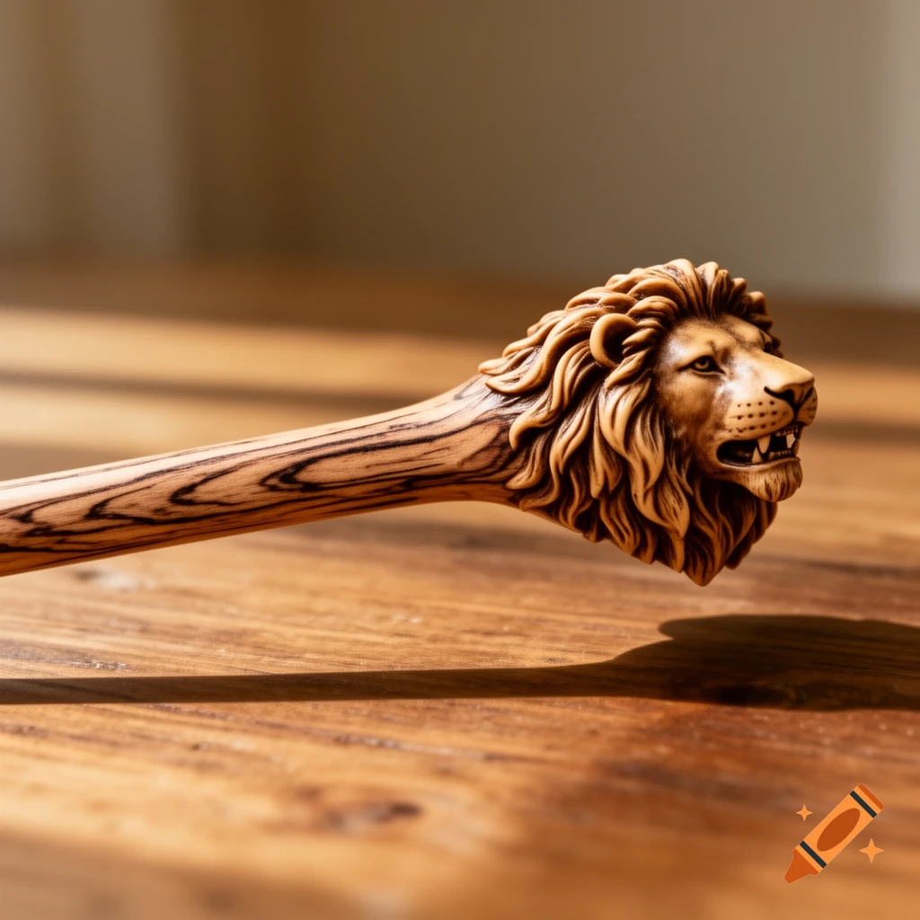 A detailed wooden lion's head carved onto a stick, resembling a pencil, rests on a sunlit wooden table.